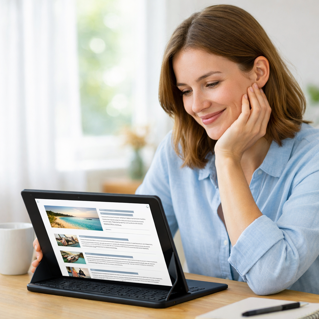 Person reading a health newsletter email on a laptop in a bright room, feeling relieved after subscribing