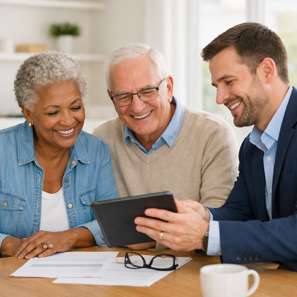 Older couple meeting with an advisor to review Medicare Advantage plan options at a bright, comfortable home office